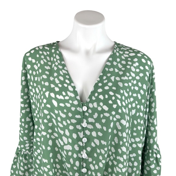 Kancystore XL Blouse Green White Button Down Tie Knot 3/4 Bell Sleeve V Neck - Picture 3 of 8